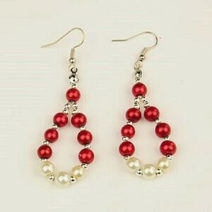 Handcrafted Red White Silver Beads Teardrop Dangle Earrings